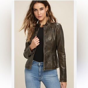 TCEC Peace of Mind Washed Brown Vegan Leather Moto  Jacket Street Plus size XXL